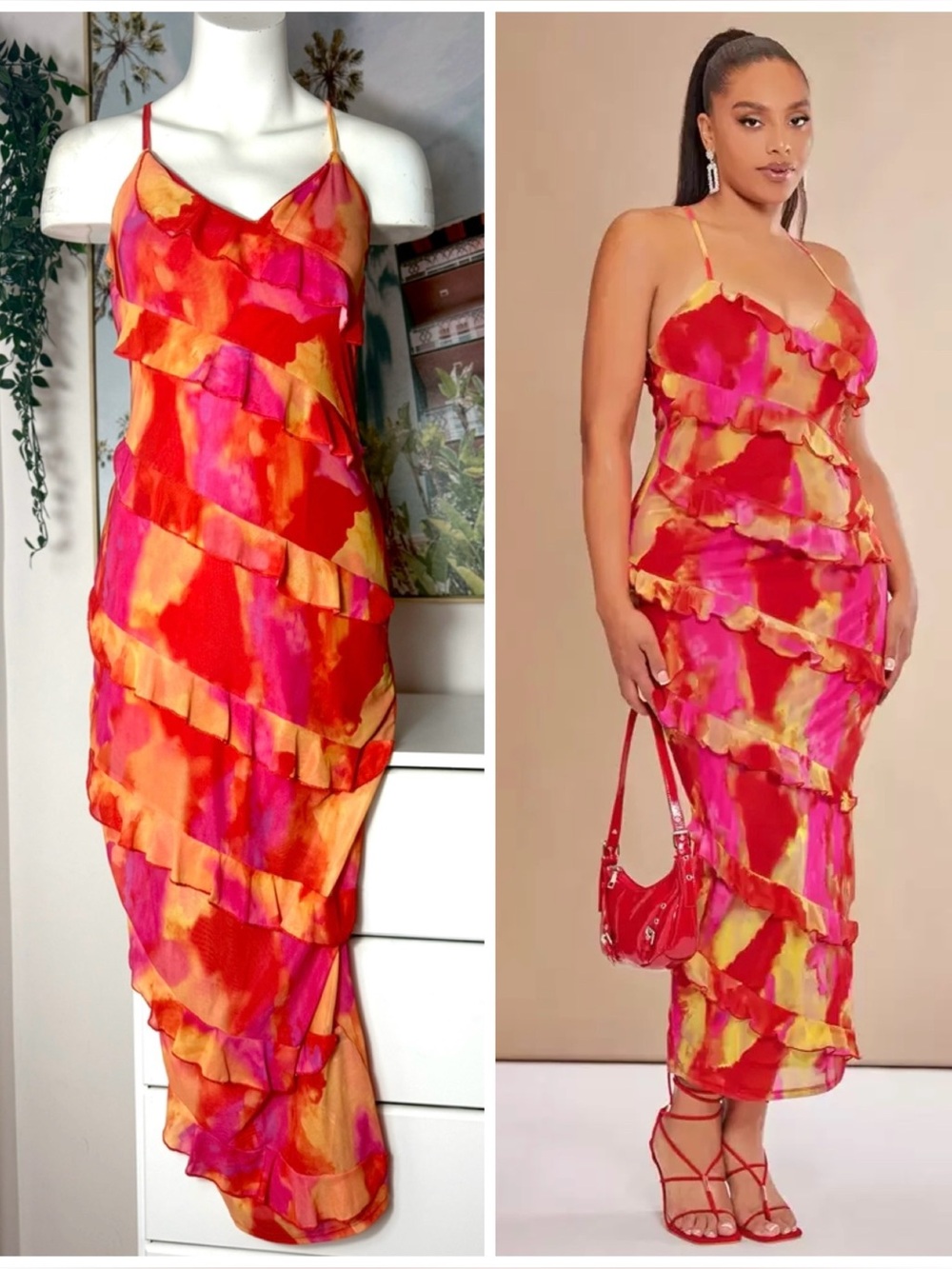 Shein BAE Pink Orange Tie Dye Ruffle Midi Bodycon Dress Curve XL 0XL NWT